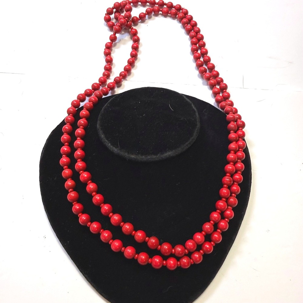 Vintage Red Wood Beaded Long Strand Necklace 54 Inch Layering Boho Retro Style